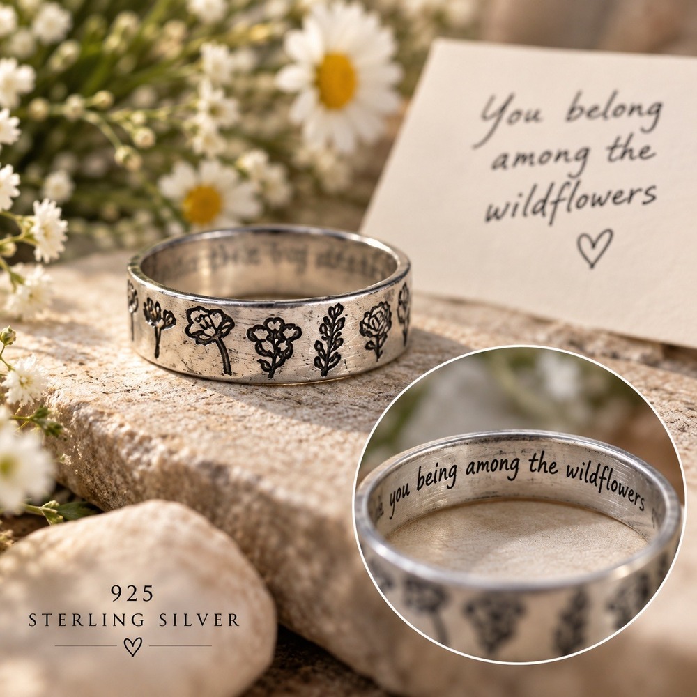 925 Sterling Silver Wildflower Engraved Band Ring Floral Inscription Size 5 6